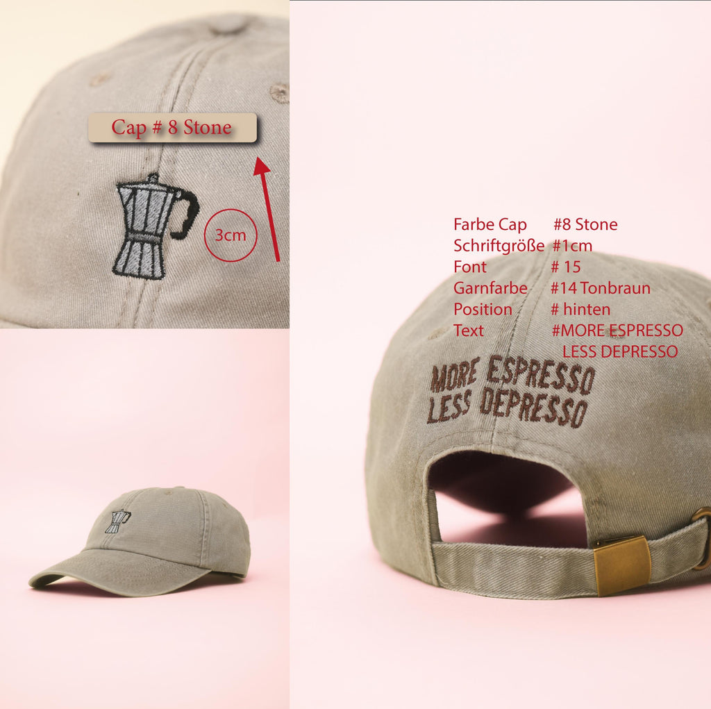 Kaffeeliebhaber Kappe – Bestickter Dad Hat – Mokka-Kanne & Spruch – Unisex Baumwollcap – More Espresso Less Depresso - Kappe mit Wunschtext
