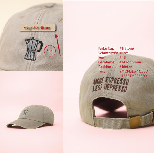 Kaffeeliebhaber Kappe – Bestickter Dad Hat – Mokka-Kanne & Spruch – Unisex Baumwollcap – More Espresso Less Depresso - Kappe mit Wunschtext
